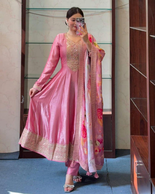 Priya Festival Special Banana Silk Anarkali Set with Banarasi Dupatta & Golden Zari Work