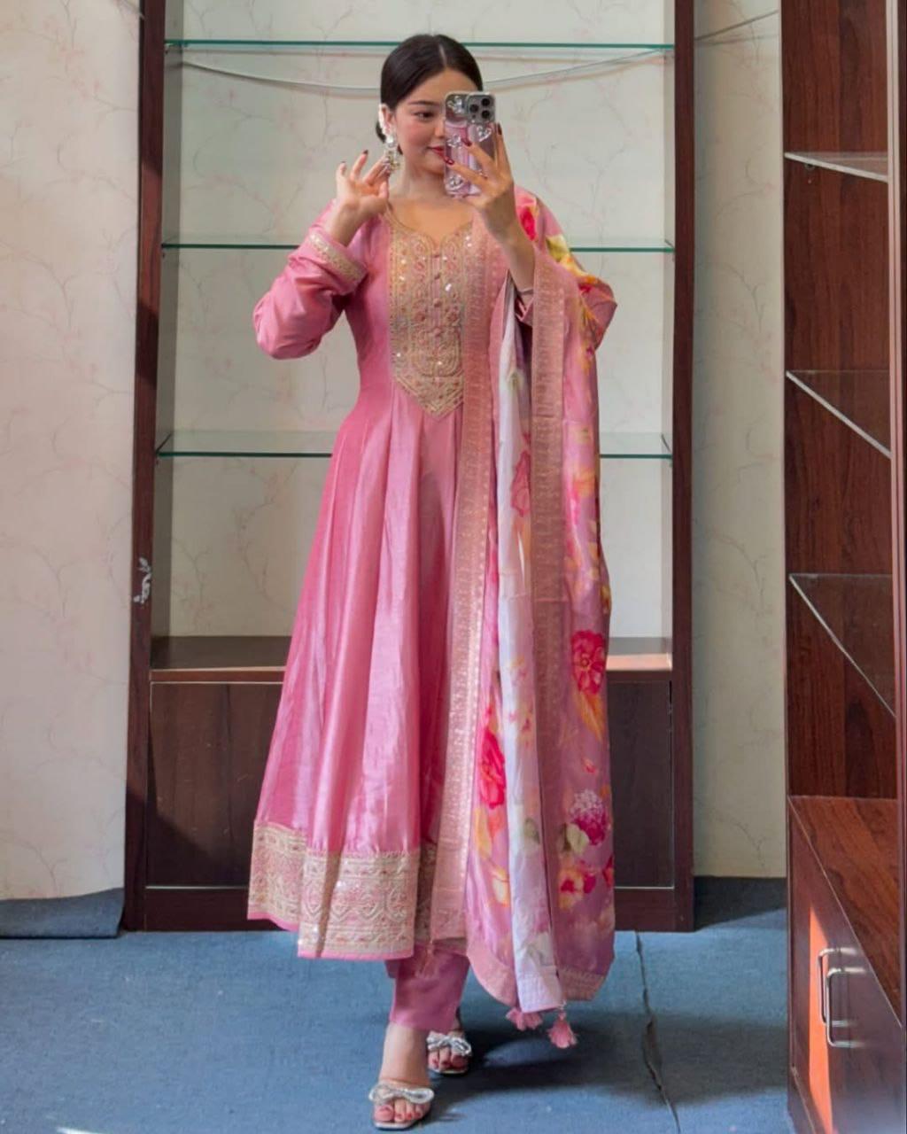 Priya Festival Special Banana Silk Anarkali Set with Banarasi Dupatta & Golden Zari Work