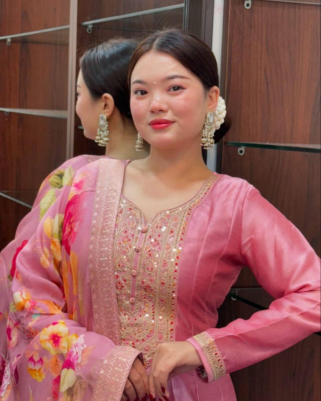 Priya Festival Special Banana Silk Anarkali Set with Banarasi Dupatta & Golden Zari Work