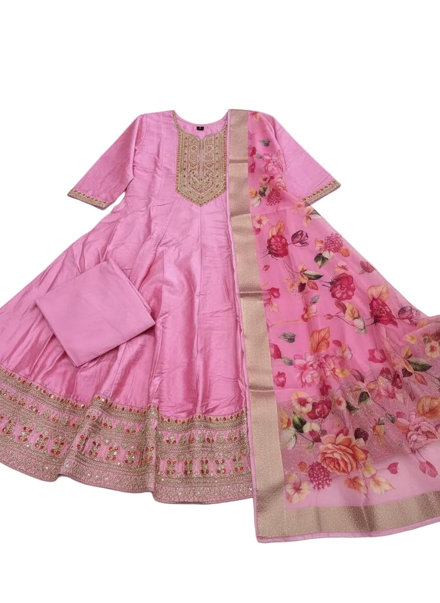 Priya Festival Special Banana Silk Anarkali Set with Banarasi Dupatta & Golden Zari Work