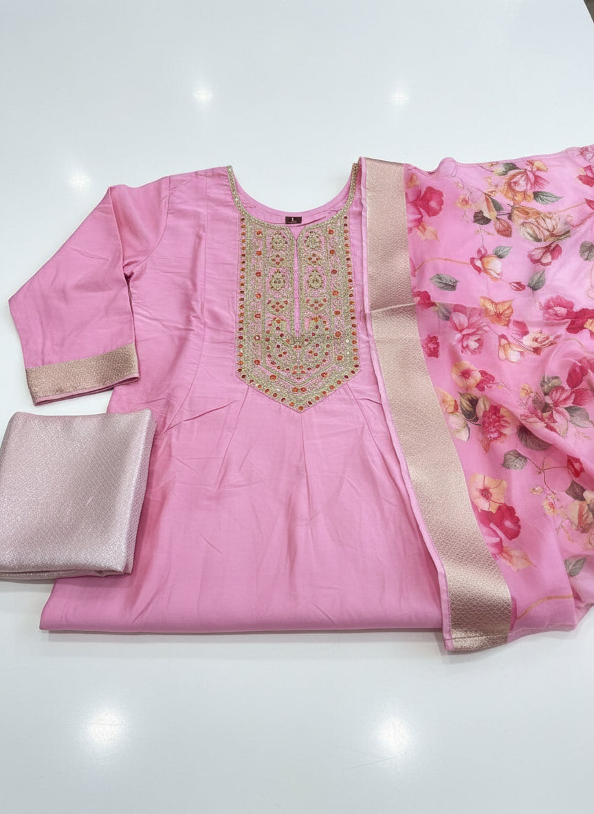 Priya Festival Special Banana Silk Anarkali Set with Banarasi Dupatta & Golden Zari Work