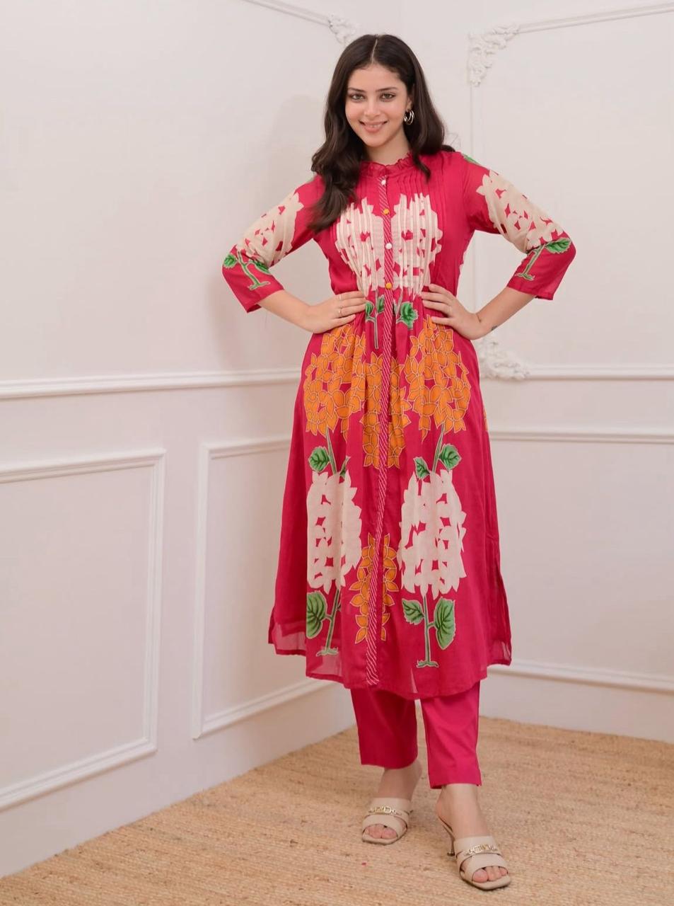 Premium Printed A-Line Kurti & Pant Set – Contemporary Floral Fusion Design