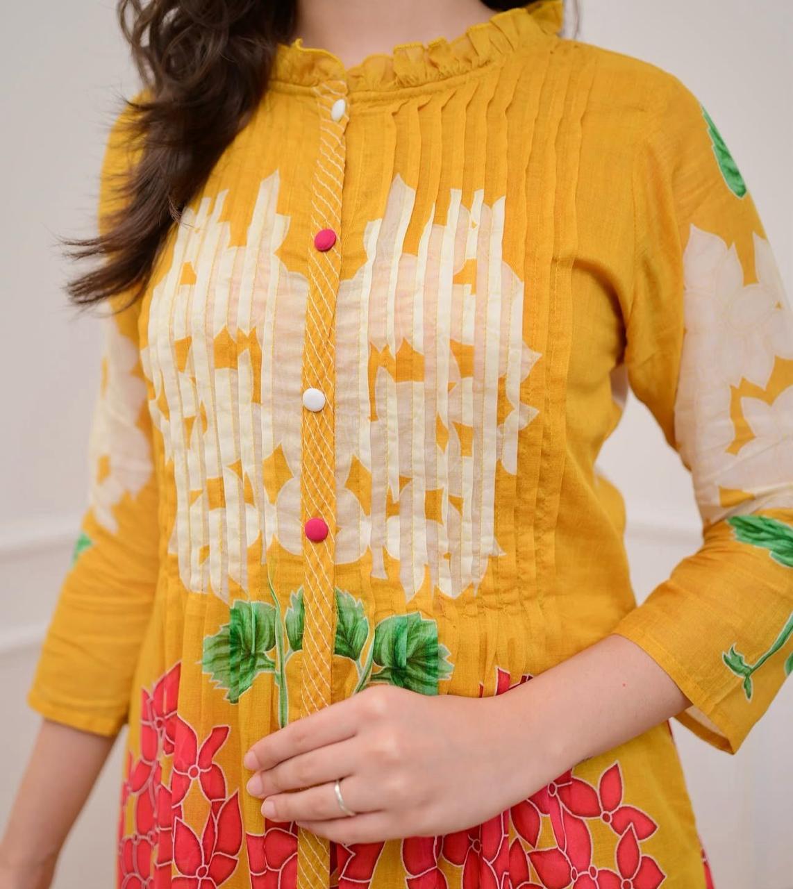 Premium Printed A-Line Kurti & Pant Set – Contemporary Floral Fusion Design