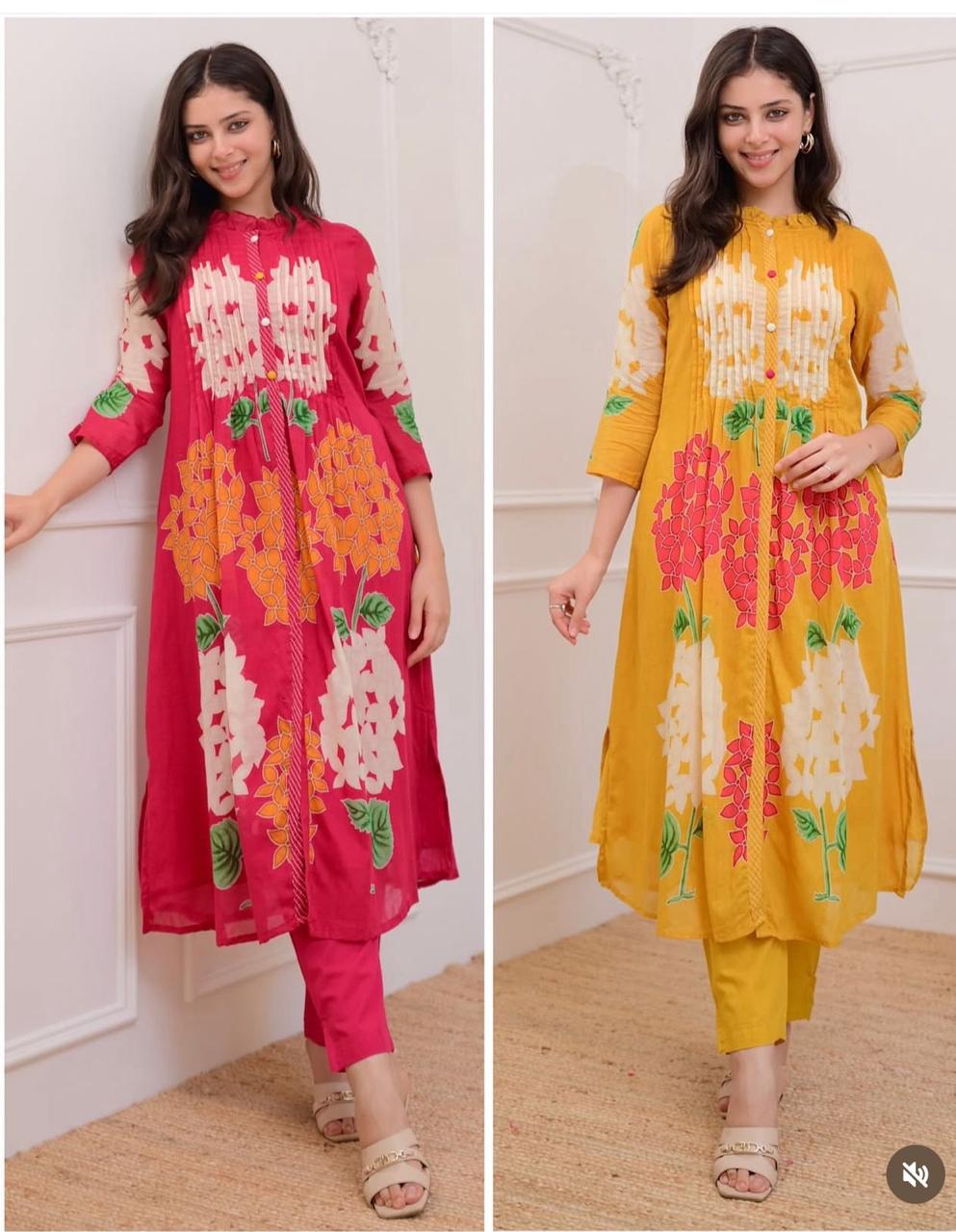 Premium Printed A-Line Kurti & Pant Set – Contemporary Floral Fusion Design