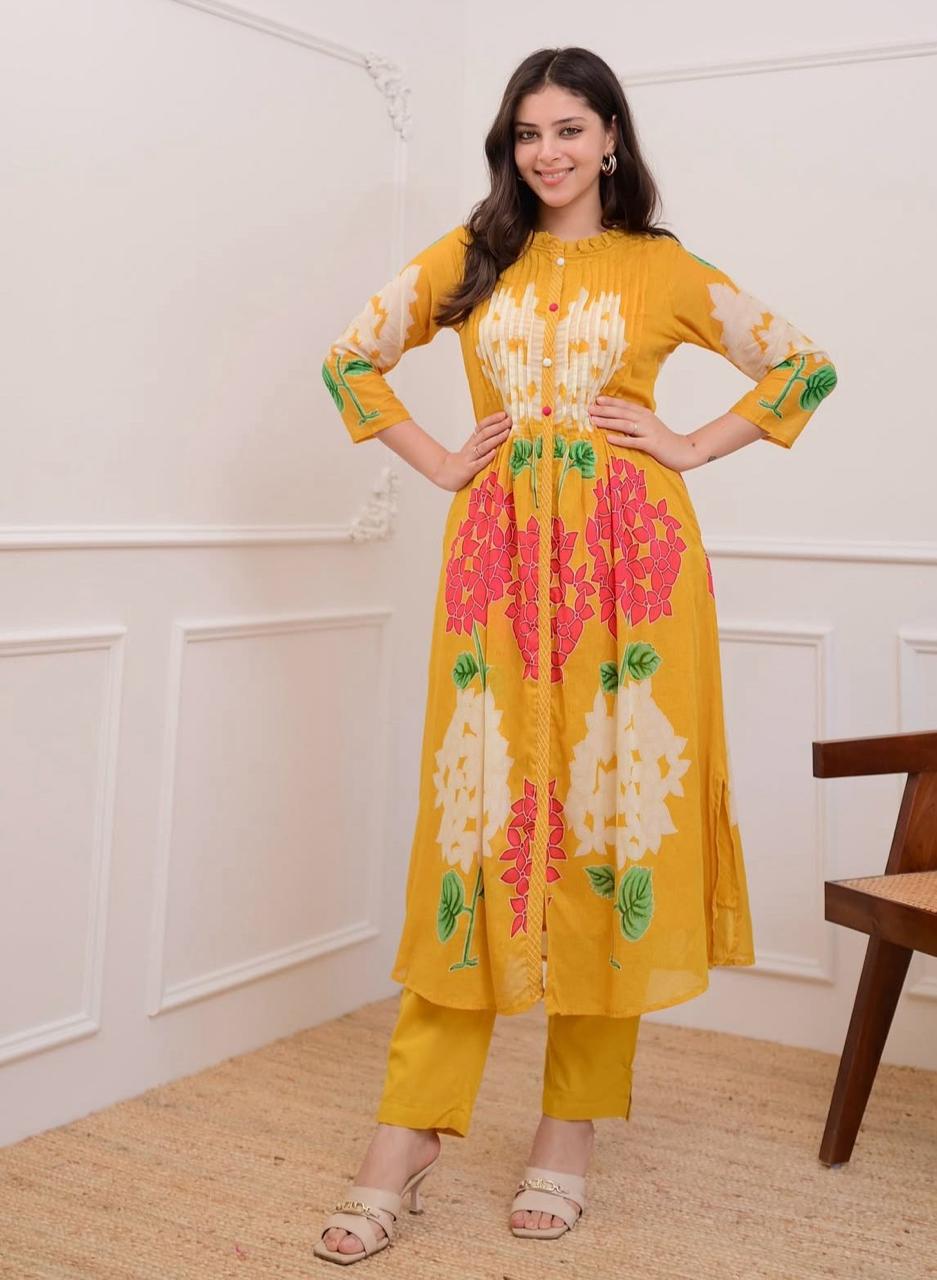 Premium Printed A-Line Kurti & Pant Set – Contemporary Floral Fusion Design