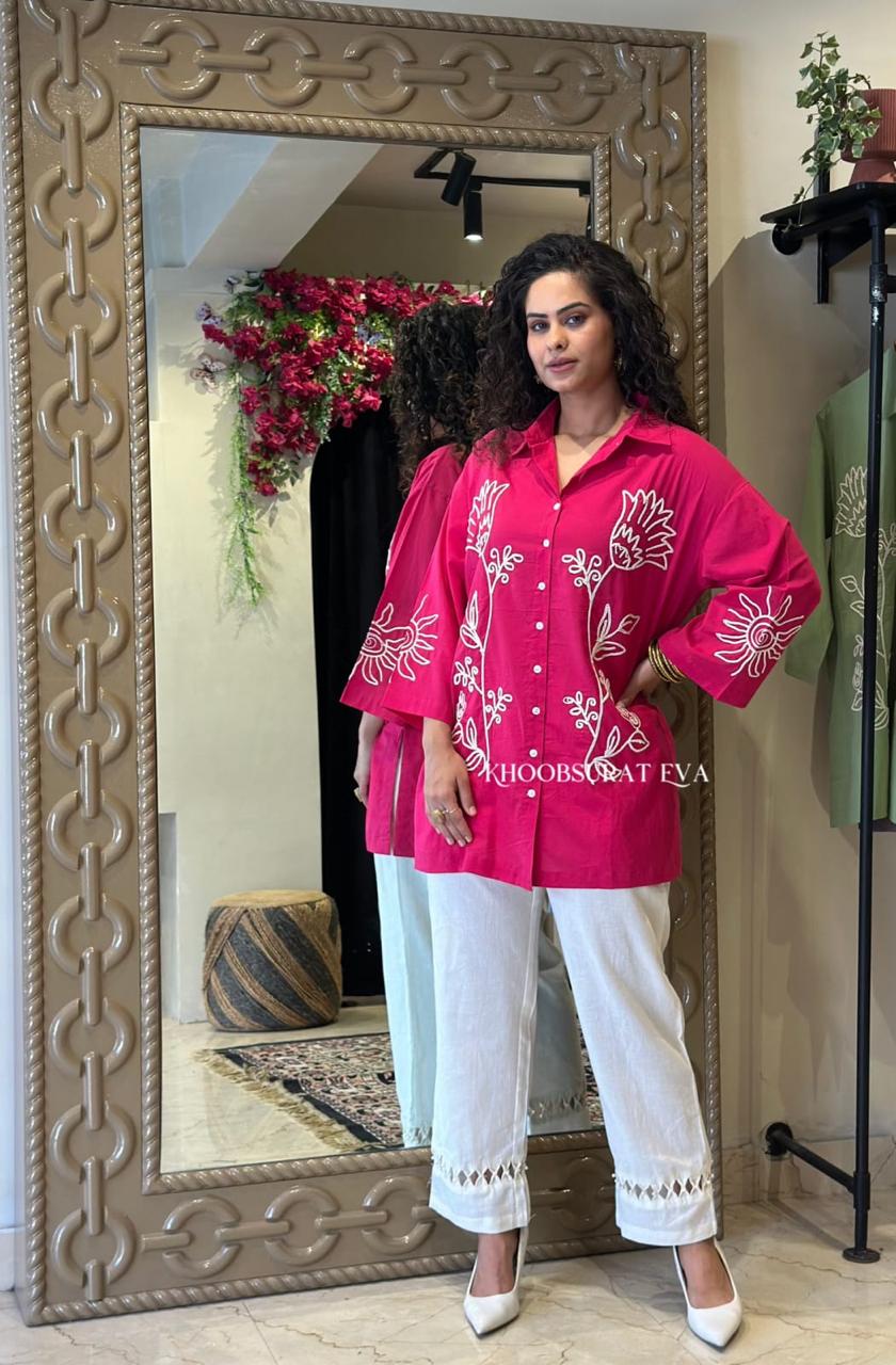 Embroidered Casual Shirt-Style Kurti with Straight Pants – Elegant Everyday Set