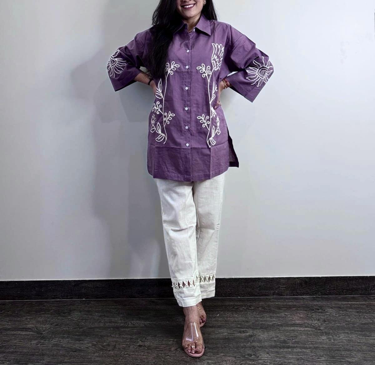 Embroidered Casual Shirt-Style Kurti with Straight Pants – Elegant Everyday Set