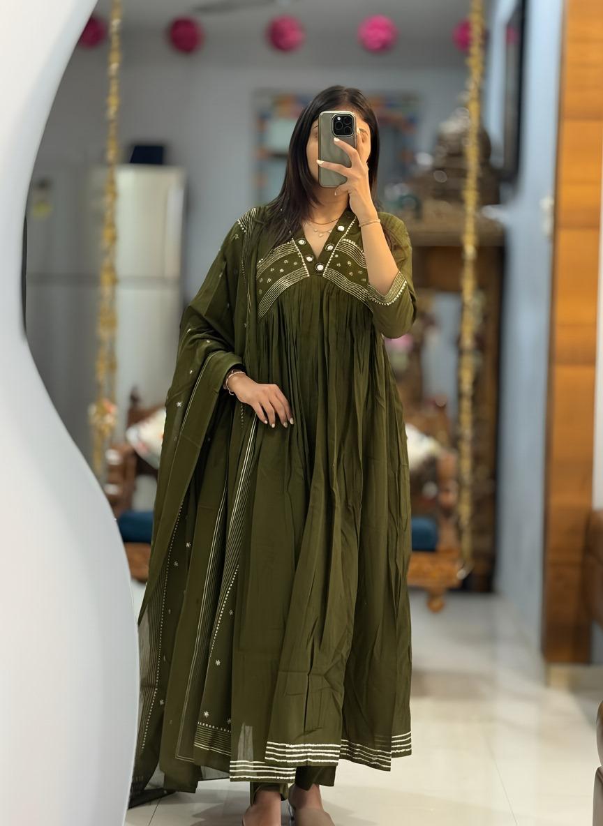 Wedding Special Original Mirror Work Anarkali Kurta Pant Dupatta Set Premium 60-60 Cotton