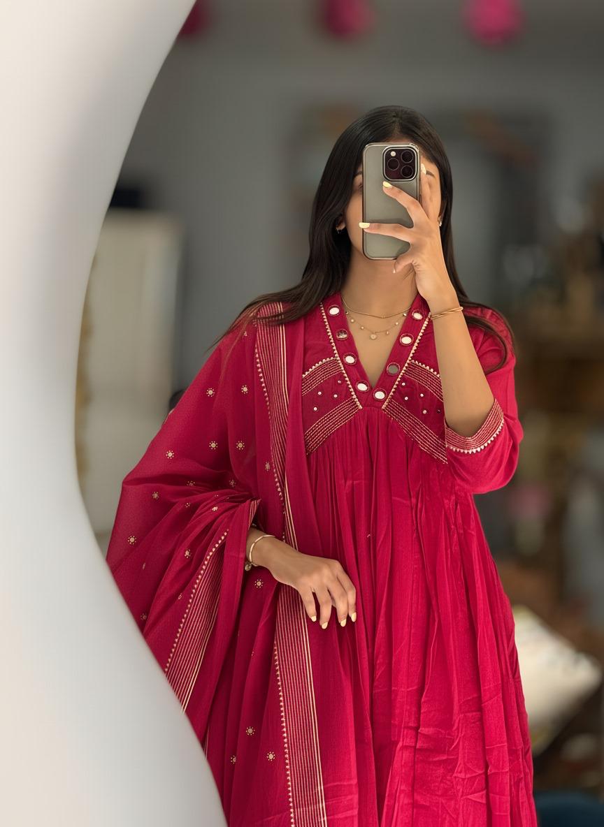 Wedding Special Original Mirror Work Anarkali Kurta Pant Dupatta Set Premium 60-60 Cotton