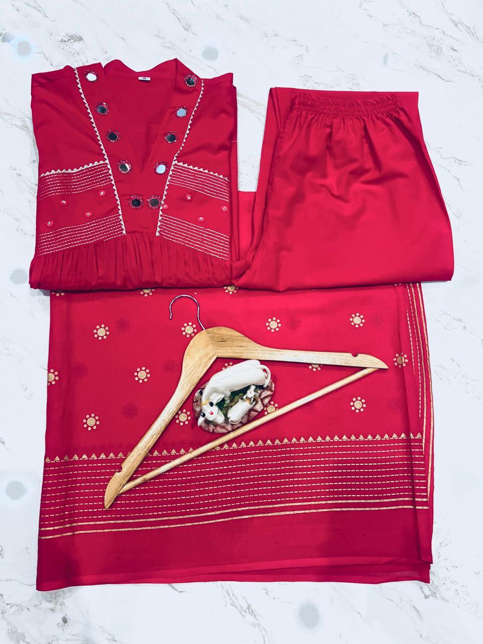 Wedding Special Original Mirror Work Anarkali Kurta Pant Dupatta Set Premium 60-60 Cotton