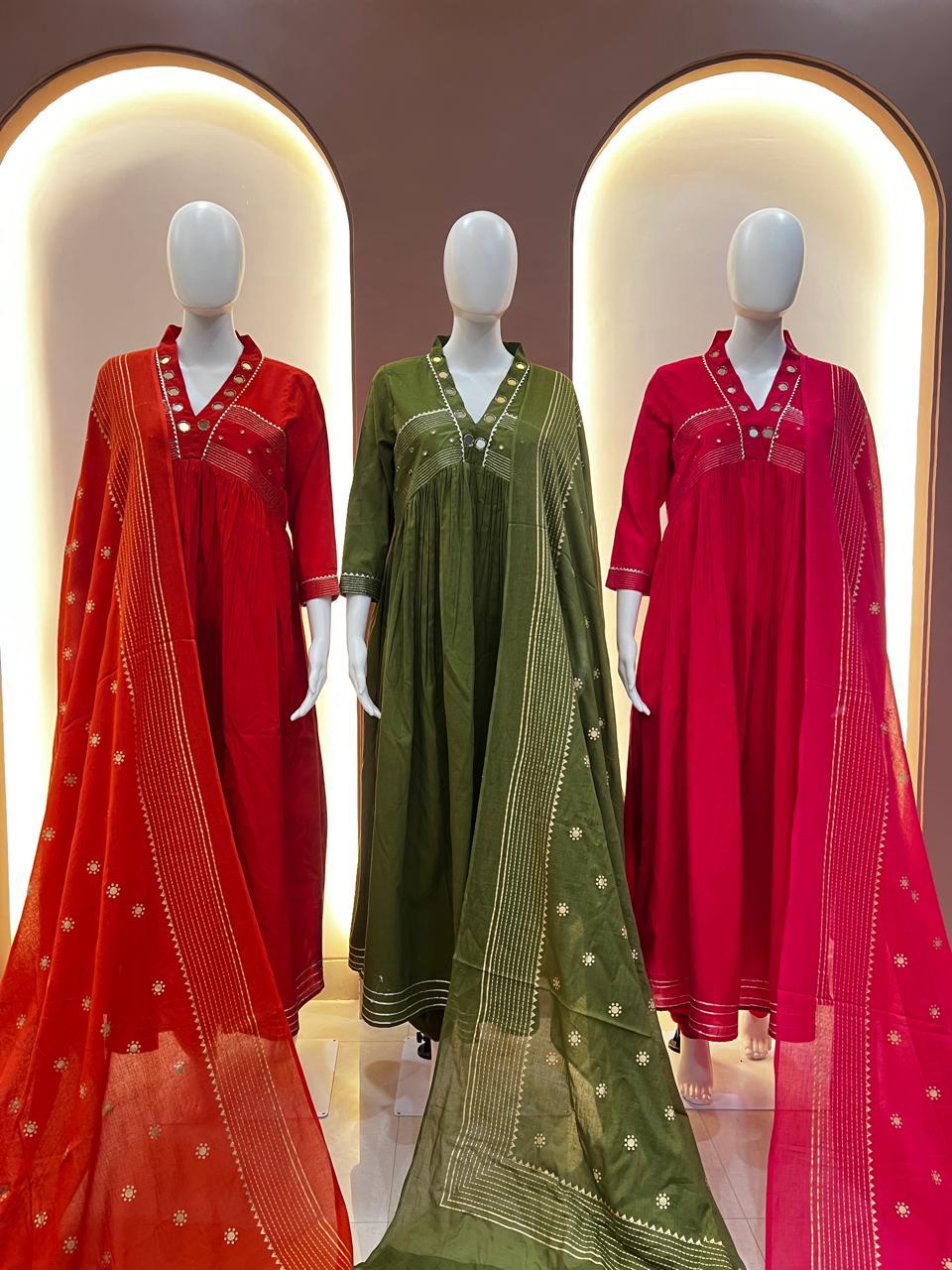 Wedding Special Original Mirror Work Anarkali Kurta Pant Dupatta Set Premium 60-60 Cotton