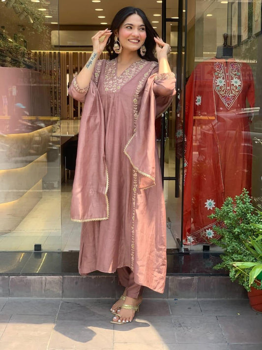 Lizza Premium Mul Chanderi Anarkali Suit Set with Full Embroidery Work (3-Piece)