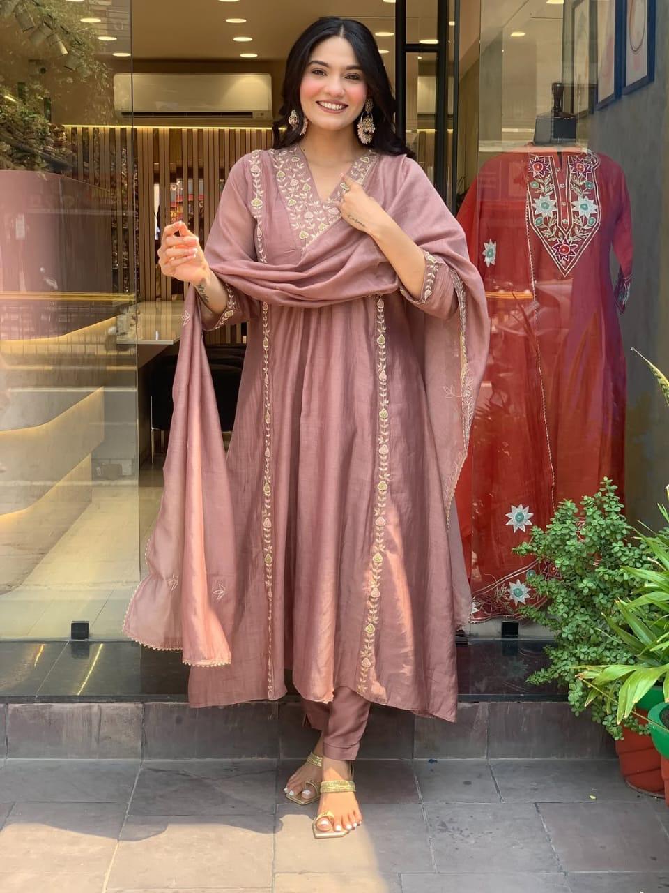 Lizza Premium Mul Chanderi Anarkali Suit Set with Full Embroidery Work (3-Piece)