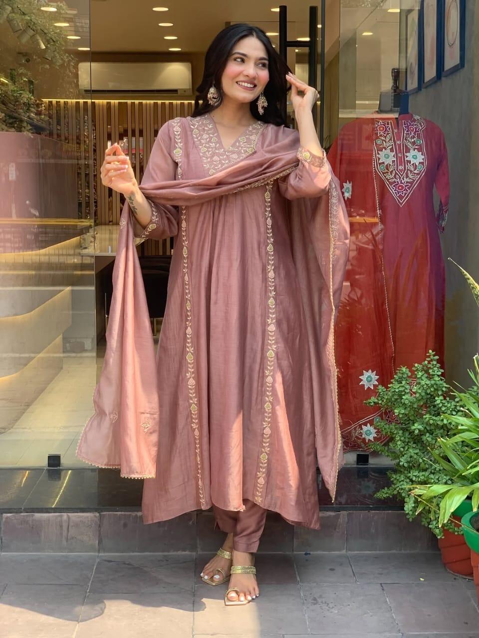 Lizza Premium Mul Chanderi Anarkali Suit Set with Full Embroidery Work (3-Piece)