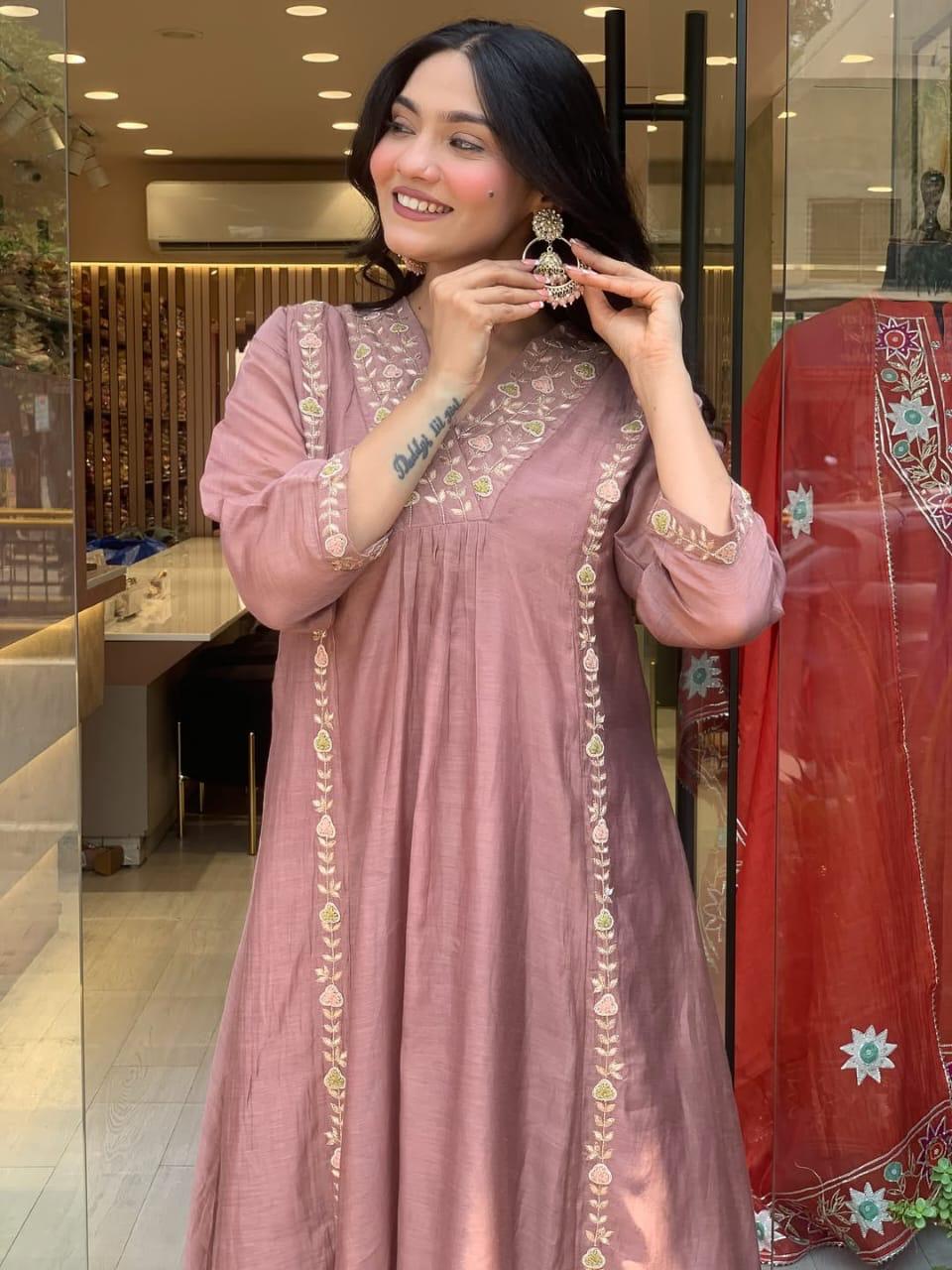 Lizza Premium Mul Chanderi Anarkali Suit Set with Full Embroidery Work (3-Piece)