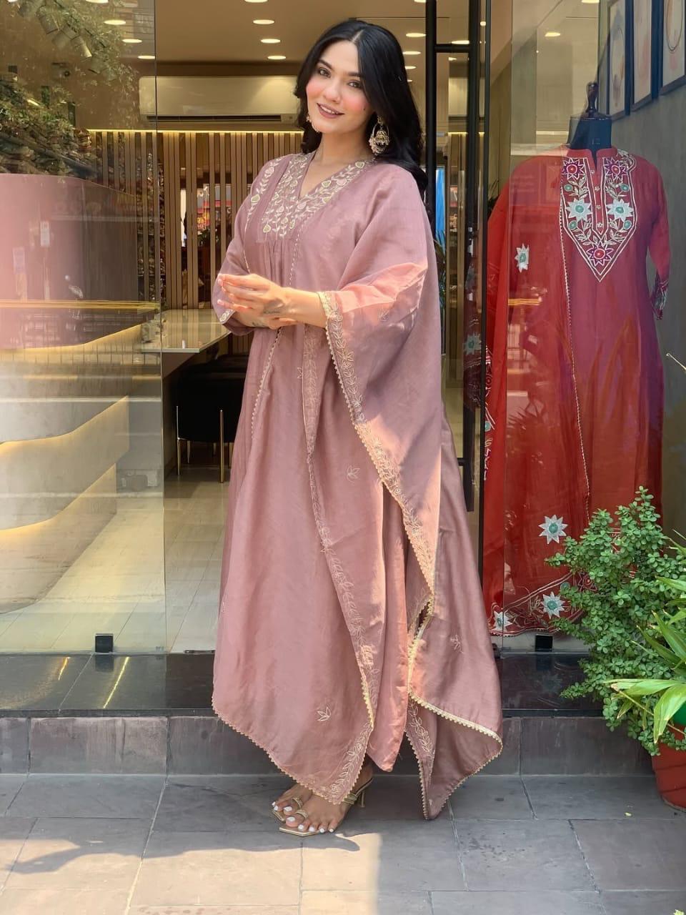 Lizza Premium Mul Chanderi Anarkali Suit Set with Full Embroidery Work (3-Piece)