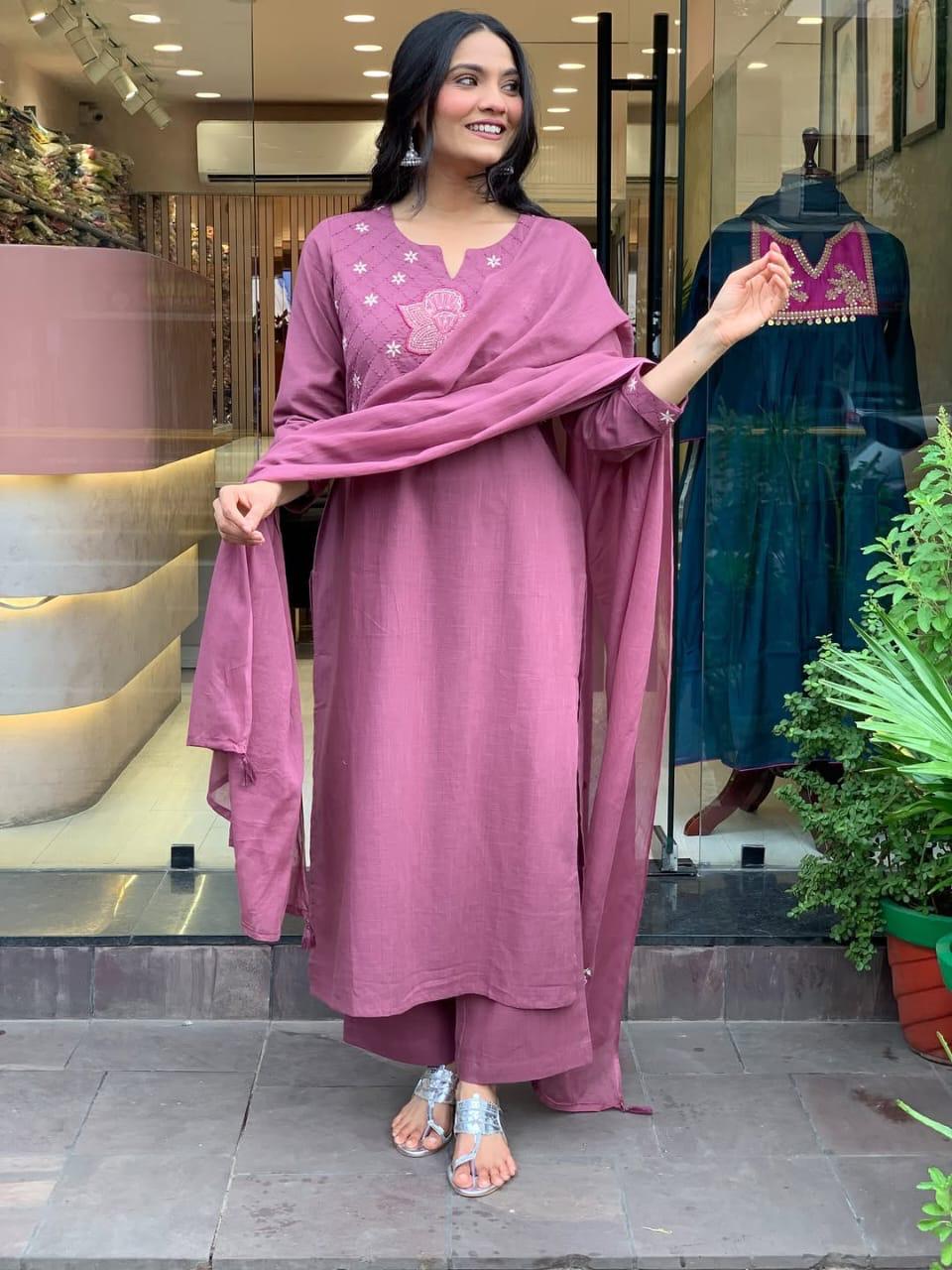 Premium Heavy Cotton Fully Stitched Embroidered Suit Set with 100-100 Cotton Dupatta 3-Piece Set