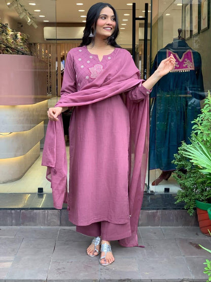 Premium Heavy Cotton Fully Stitched Embroidered Suit Set with 100-100 Cotton Dupatta 3-Piece Set