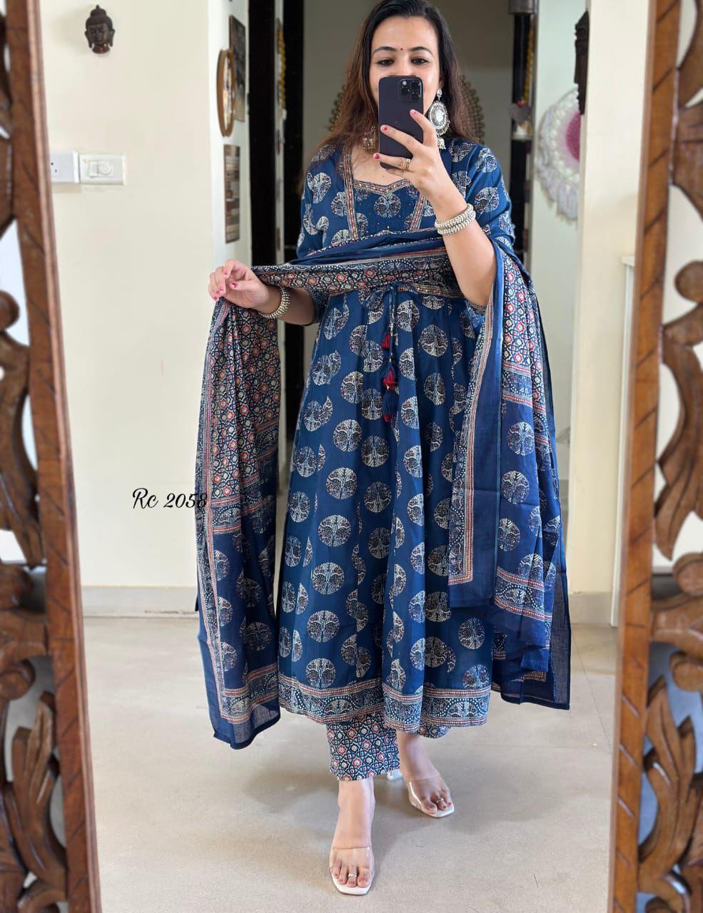 Angrakha Style Printed Cotton Anarkali Suit Set with Katha Embroidery & Crosia Lace 3-Piece Set