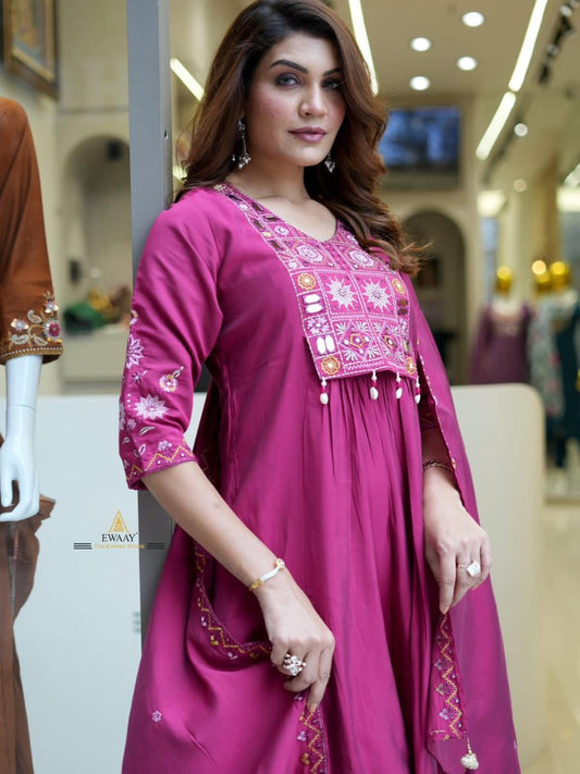 Pure Cotton Embroidered Kurta–Pant–Dupatta Set with Kodi & Moti Latkan Fully Stitched Designer Collection