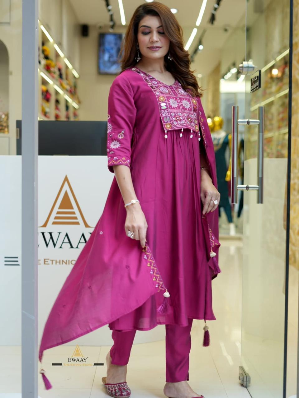 Pure Cotton Embroidered Kurta–Pant–Dupatta Set with Kodi & Moti Latkan Fully Stitched Designer Collection