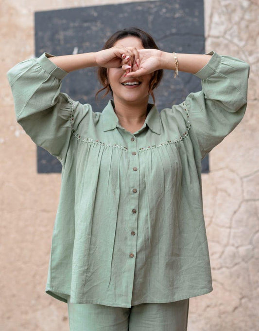 Bold Shade Pure Cotton Collar Co-Ord Set for Women (Loose Fit, With Pockets)