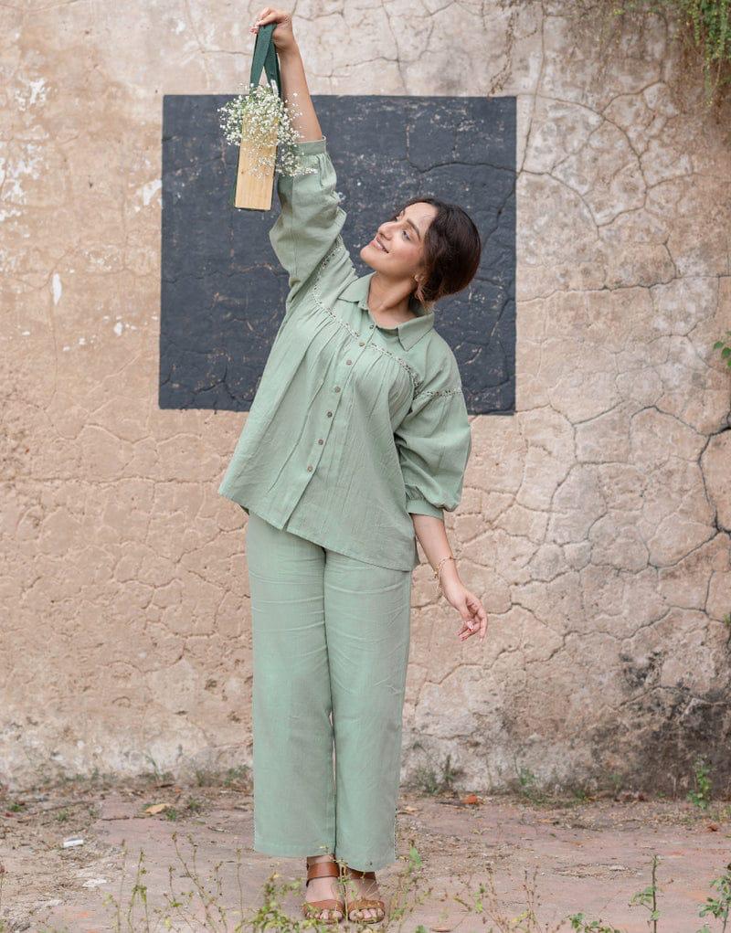 Bold Shade Pure Cotton Collar Co-Ord Set for Women (Loose Fit, With Pockets)