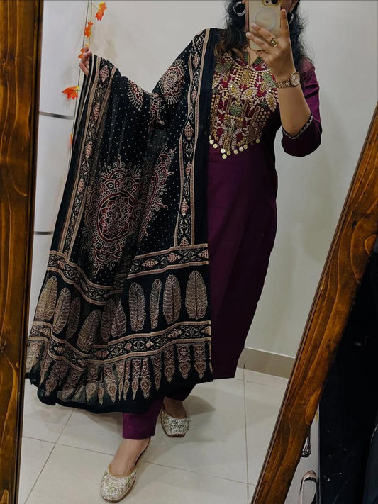 Exquisite Embroidered Cotton Kurta Pant Dupatta Set with Printed Dupatta