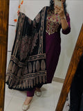 Exquisite Embroidered Cotton Kurta Pant Dupatta Set with Printed Dupatta