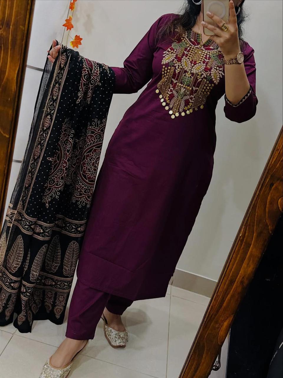 Exquisite Embroidered Cotton Kurta Pant Dupatta Set with Printed Dupatta