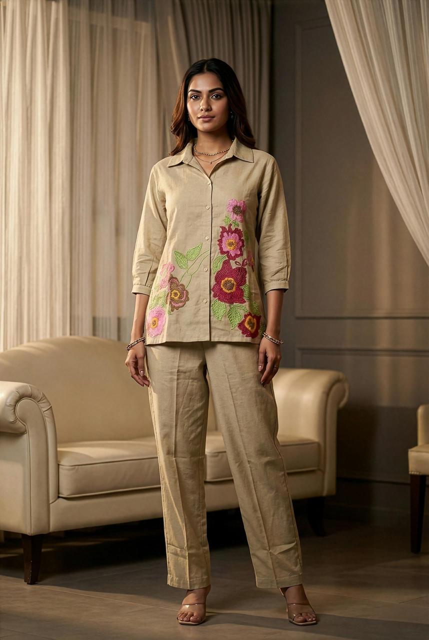 Winter Special Premium Cotton Flax Embroidered Co-Ord Set