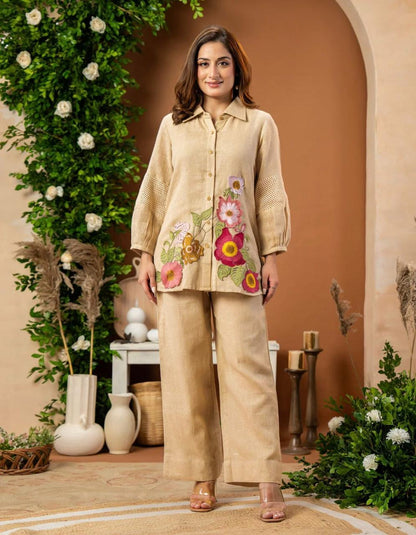 Winter Special Premium Cotton Flax Embroidered Co-Ord Set