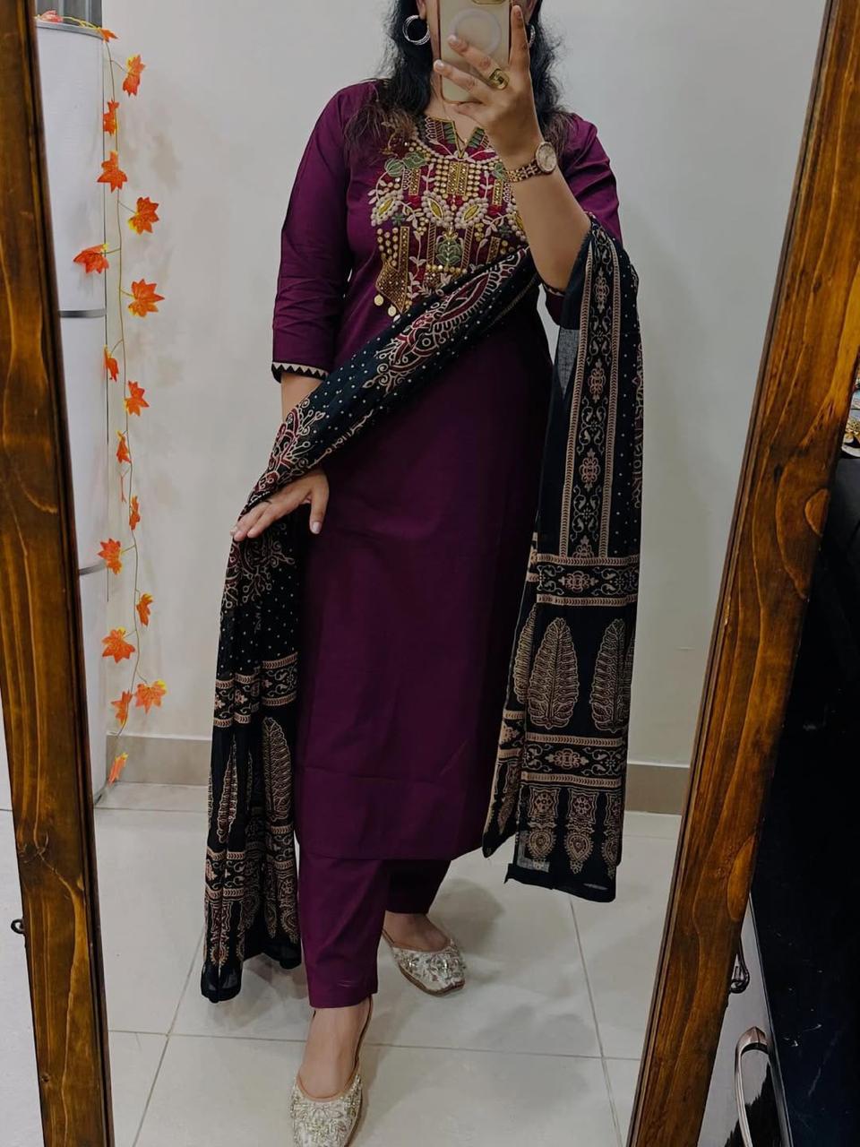 Exquisite Embroidered Cotton Kurta Pant Dupatta Set with Printed Dupatta