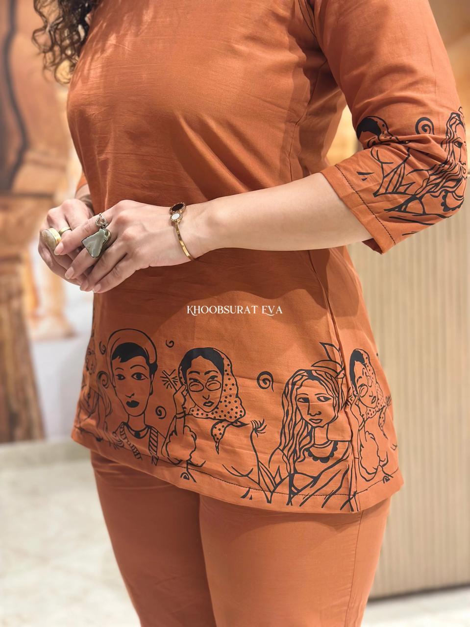 Terracotta Line Art Tunic Co-ord Set FOR WOMAN