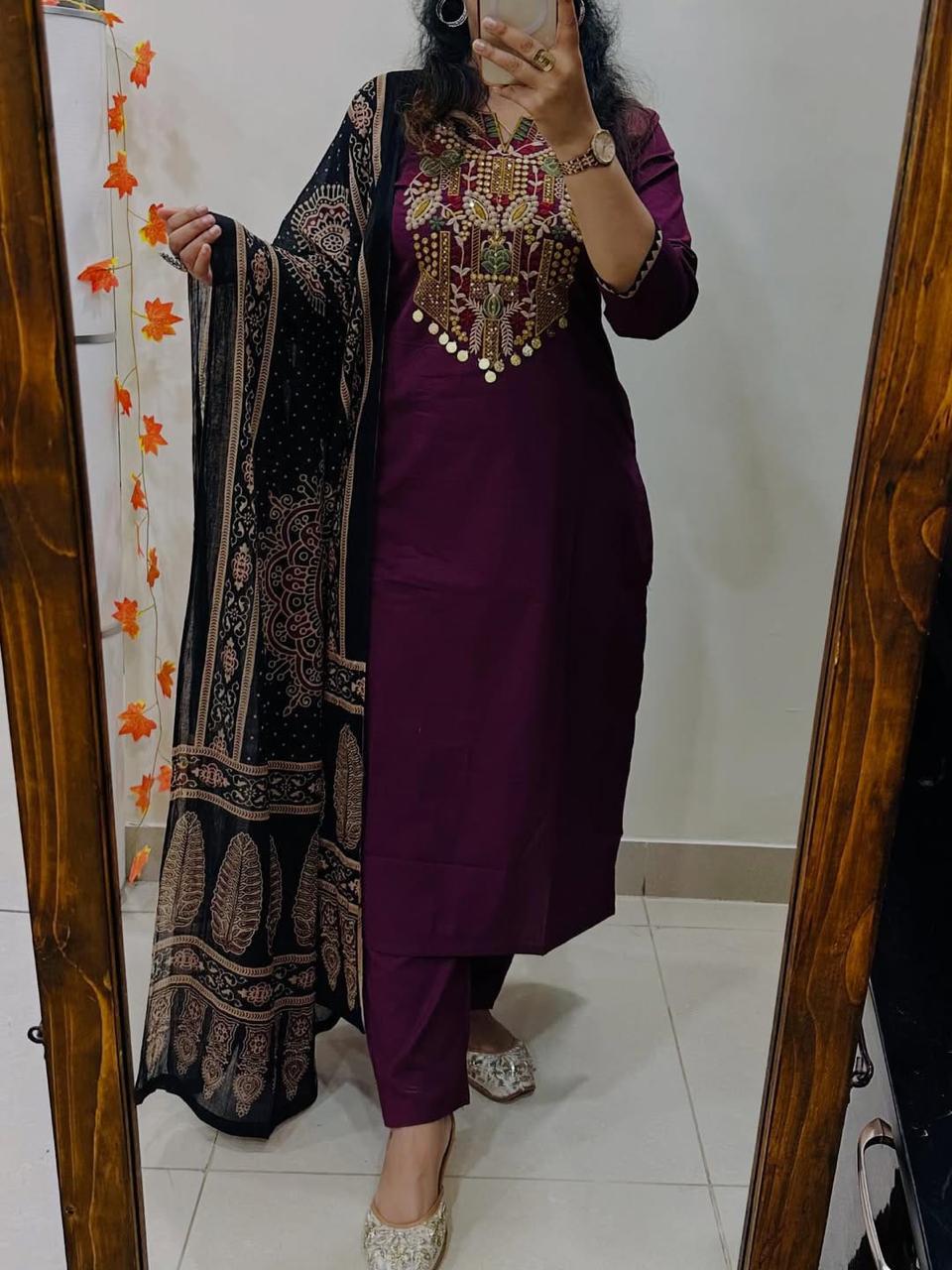 Exquisite Embroidered Cotton Kurta Pant Dupatta Set with Printed Dupatta