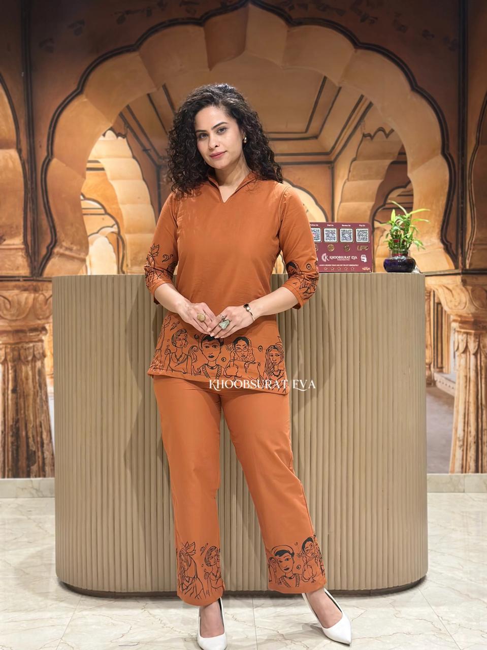 Terracotta Line Art Tunic Co-ord Set FOR WOMAN