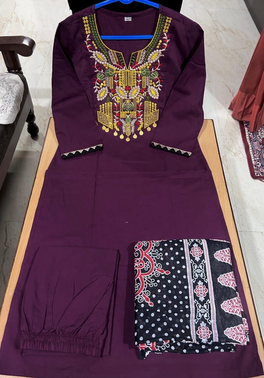 Exquisite Embroidered Cotton Kurta Pant Dupatta Set with Printed Dupatta
