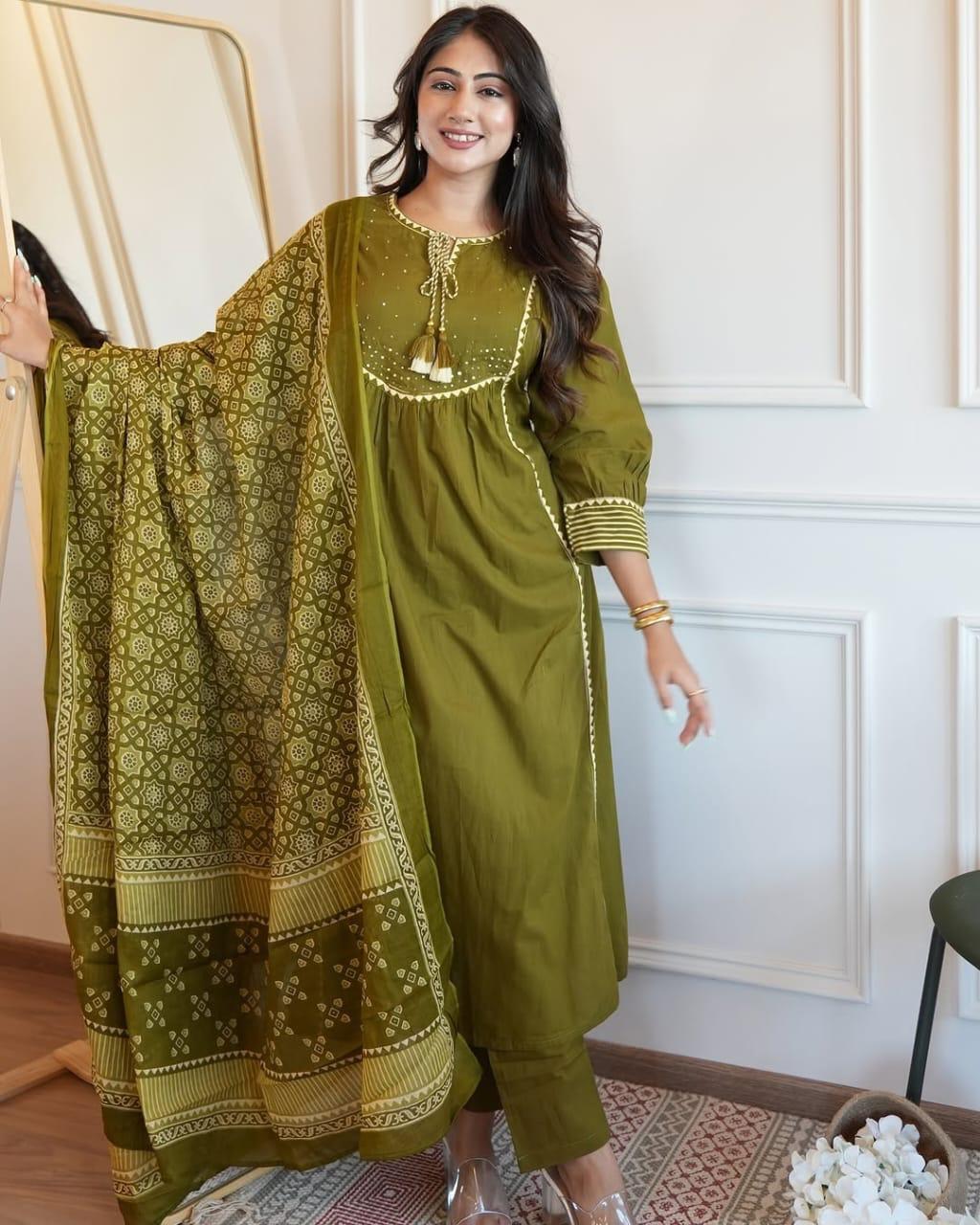 Premium Heavy Cotton Kurti Pant Dupatta Set with Printed Cotton Dupatta