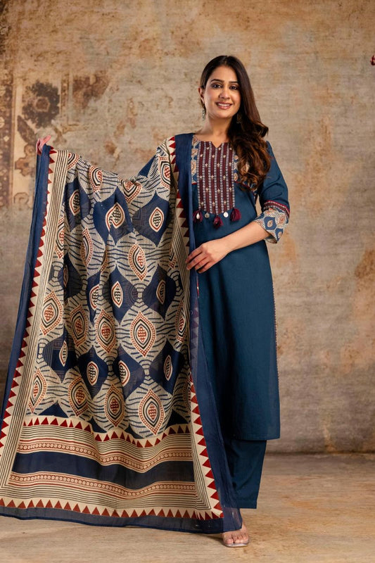 Premium Mul Mul Cotton Ethnic Set  Embroidered Kurta with Stylish Dupatta