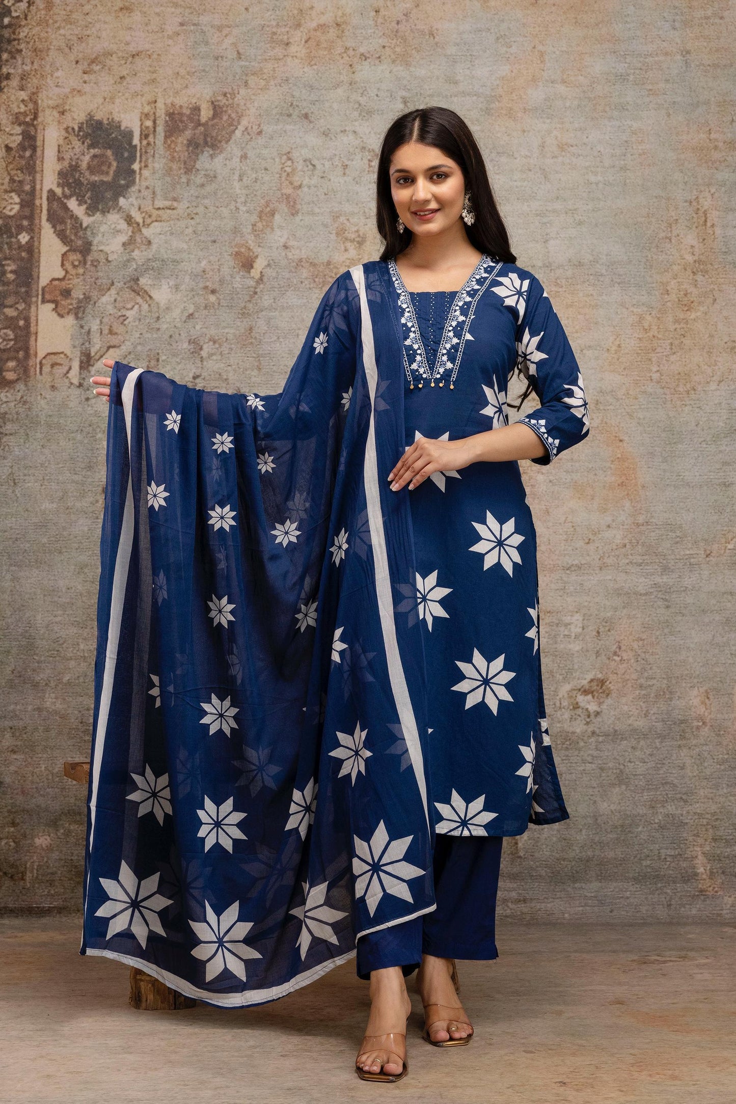 Women's Cotton 3 Piece Set – Embroidered Kurta, Pants & Dupatta