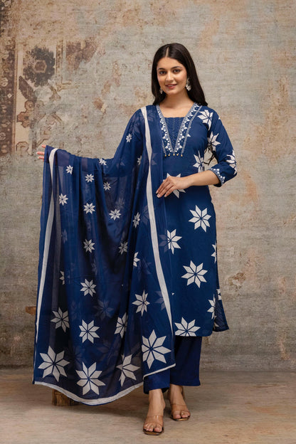 Women's Cotton 3 Piece Set – Embroidered Kurta, Pants & Dupatta