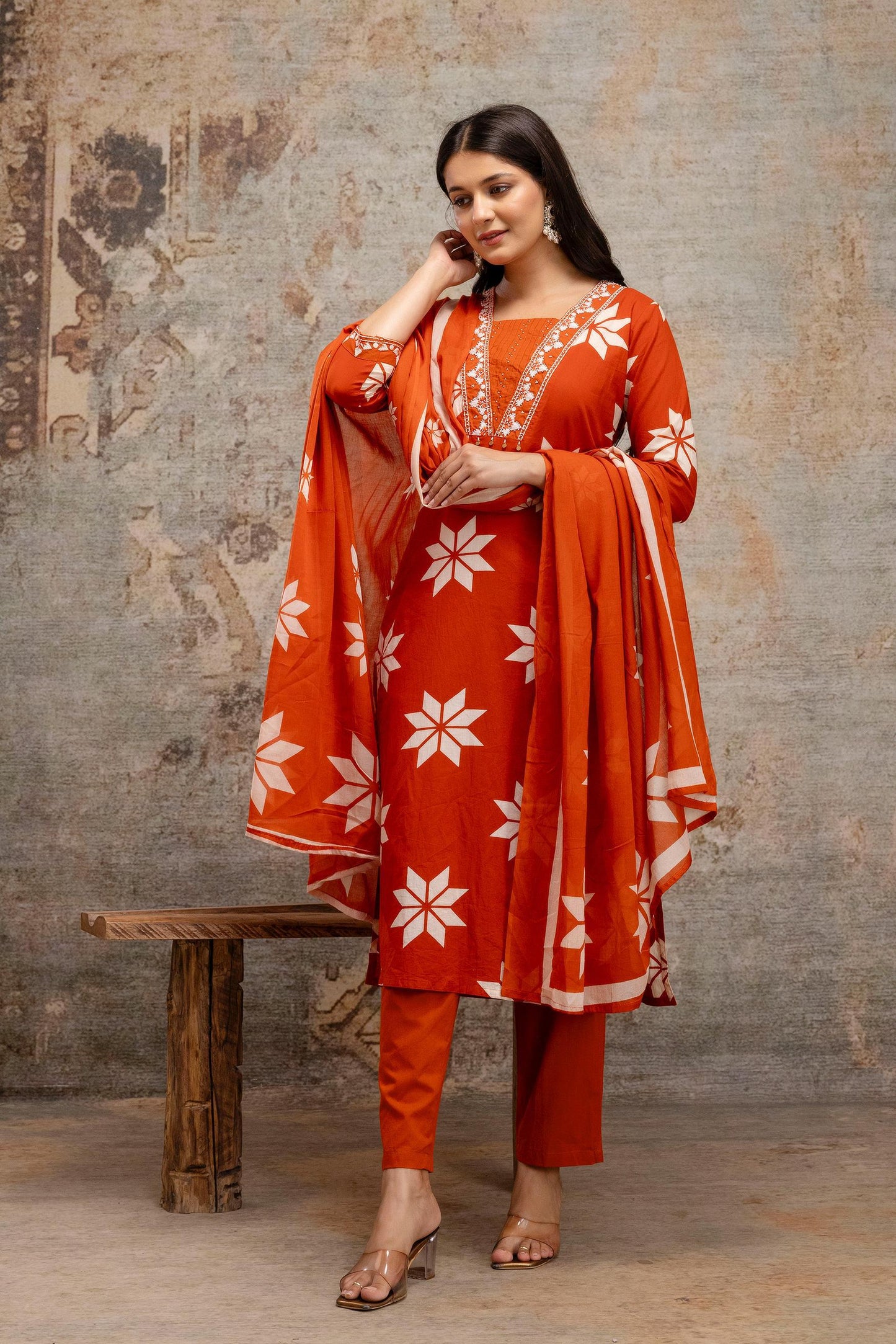 Women's Cotton 3 Piece Set – Embroidered Kurta, Pants & Dupatta