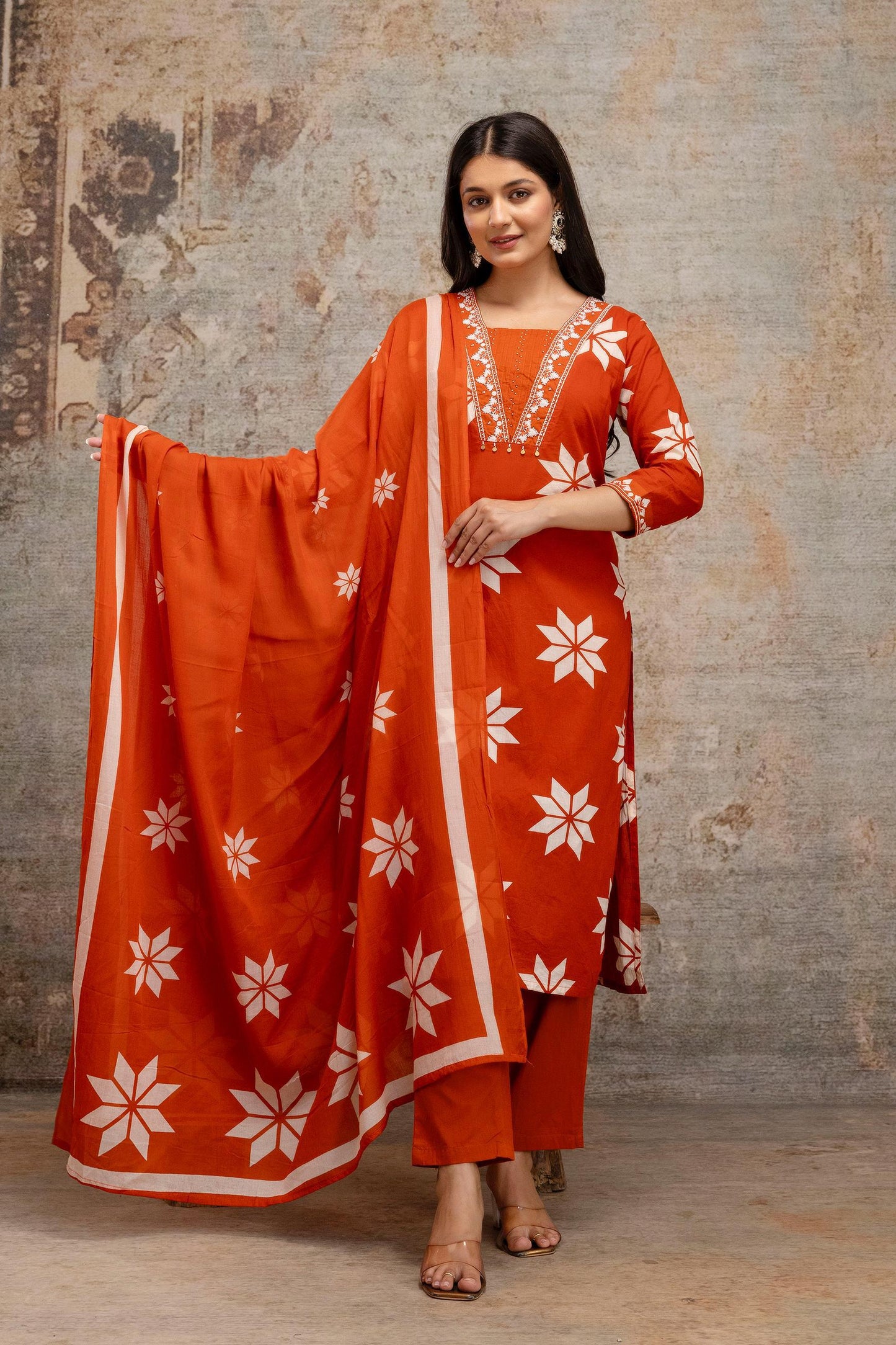 Women's Cotton 3 Piece Set – Embroidered Kurta, Pants & Dupatta