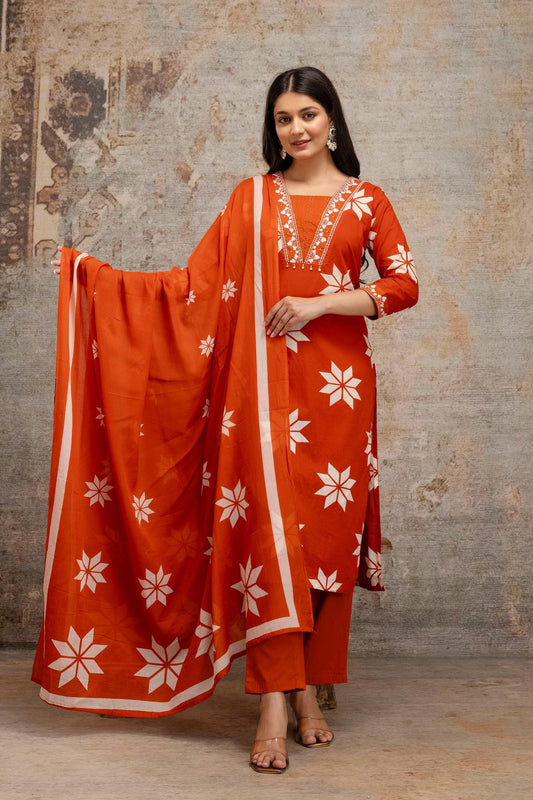 Women's Cotton 3 Piece Set – Embroidered Kurta, Pants & Dupatta