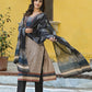 Beige & Black Printed Straight Cotton 3-piece Suit Set with embroidered neckline, black printed dupatta, and solid black pants.