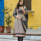 Beige & Black Printed Straight Cotton 3-piece Suit Set with embroidered neckline, black printed dupatta, and solid black pants.
