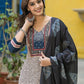 Beige & Black Printed Straight Cotton 3-piece Suit Set with embroidered neckline, black printed dupatta, and solid black pants.