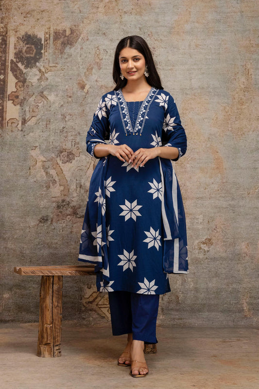 Women's Cotton 3 Piece Set – Embroidered Kurta, Pants & Dupatta