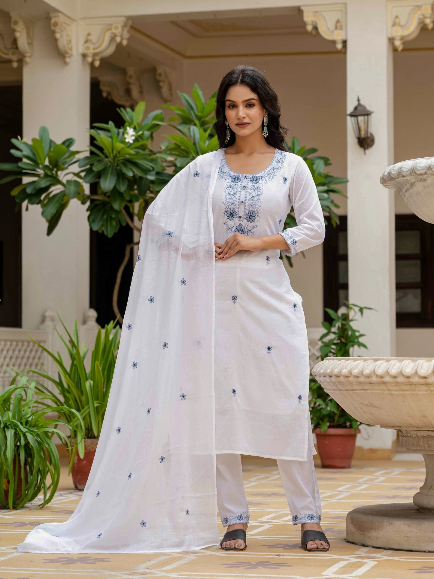 Premium White Silly Cotton 3-Piece Kurta Set with Embroidery