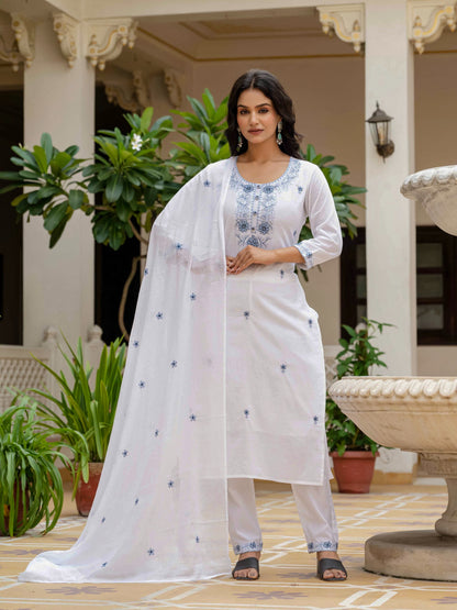 Premium White Silly Cotton 3-Piece Kurta Set with Embroidery